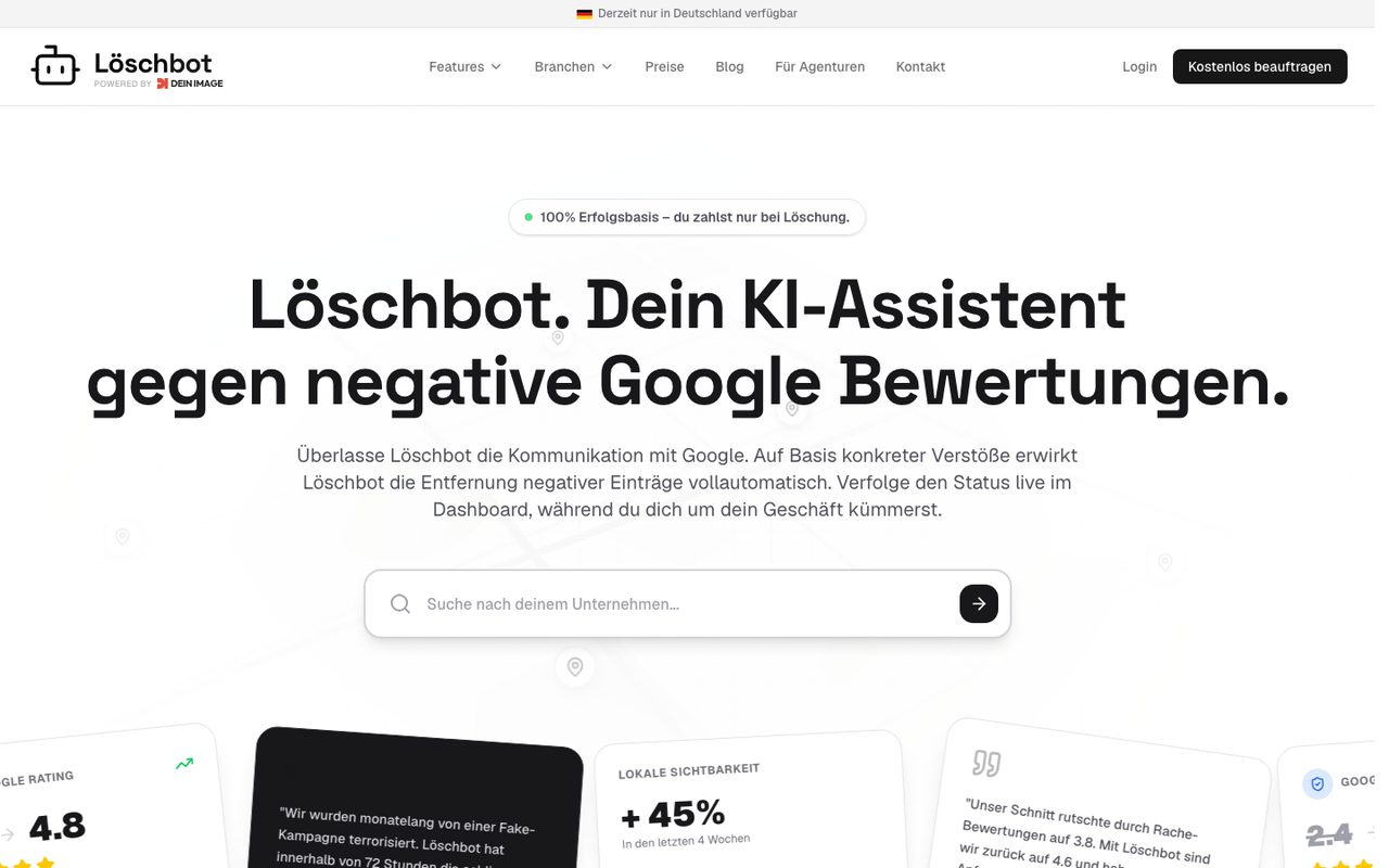 Startseite von Löschbot – SaaS gegen negative Google-Bewertungen