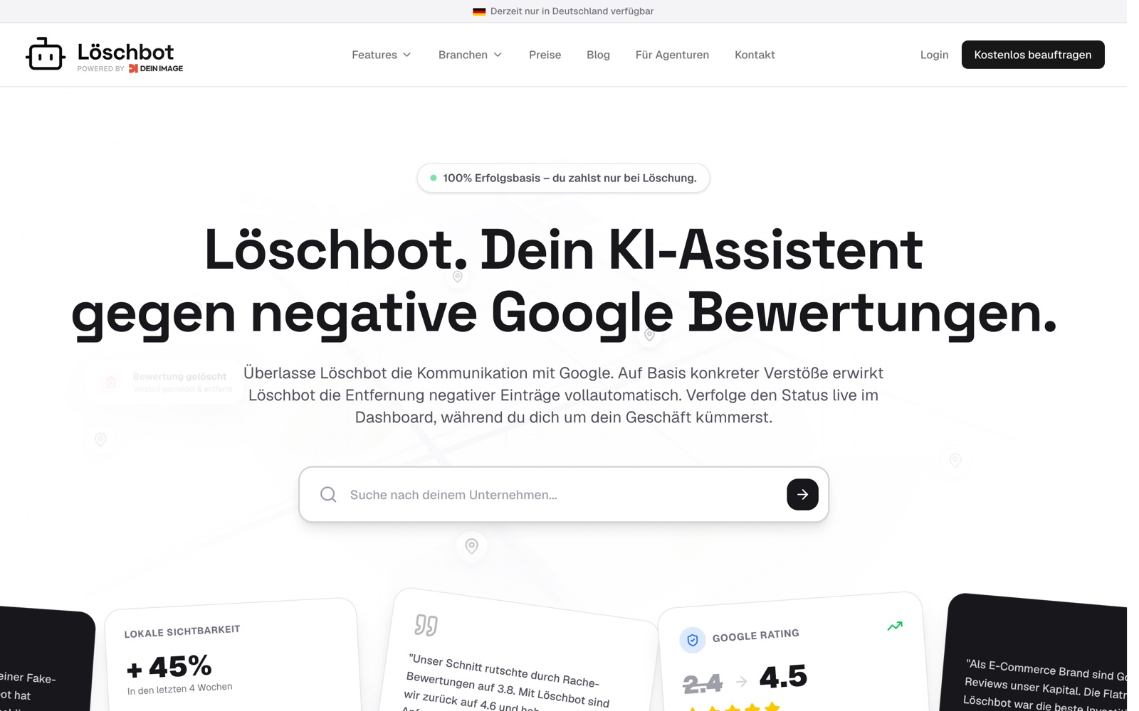 Startseite von loeschbot.de – SaaS gegen negative Google-Bewertungen