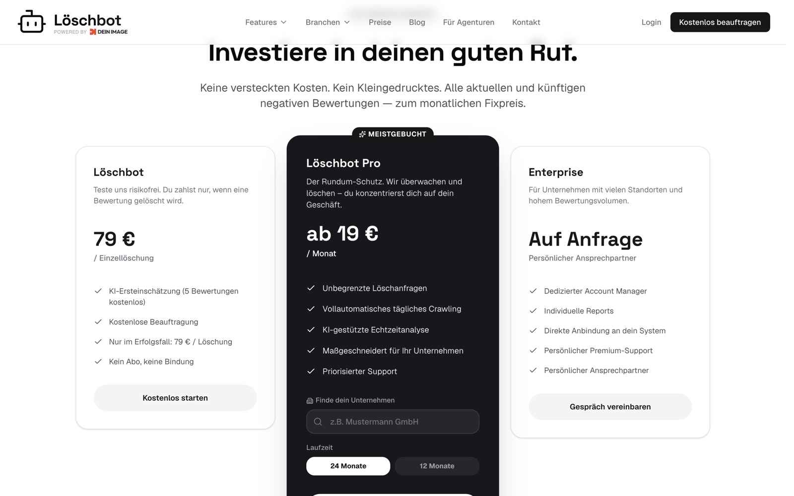 Preisseite von Löschbot – drei Pakete mit Flatrate