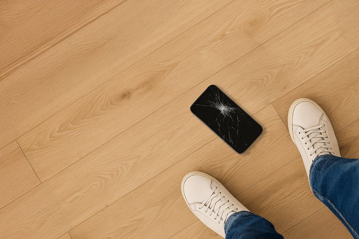 Blick von oben auf einen Holzboden: ein Smartphone mit zersplittertem Display liegt vor den Schuhen einer stehenden Person