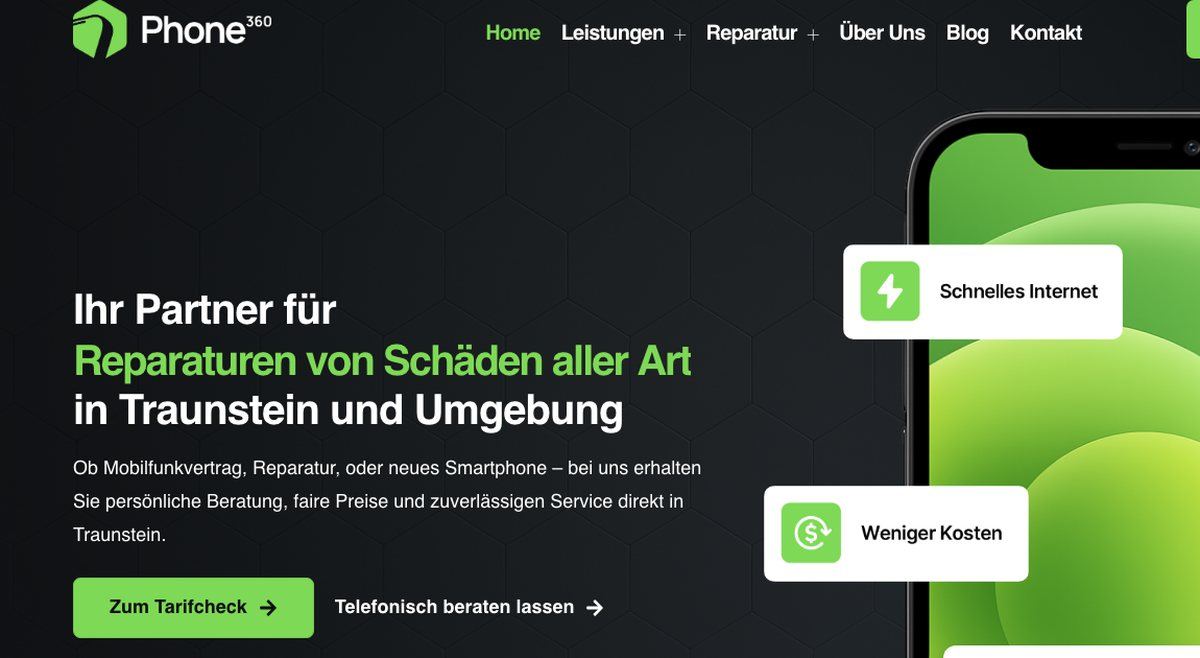 Startseite von phone360.de mit dem Hinweis auf Mobilfunkverträge und Reparaturen in Traunstein