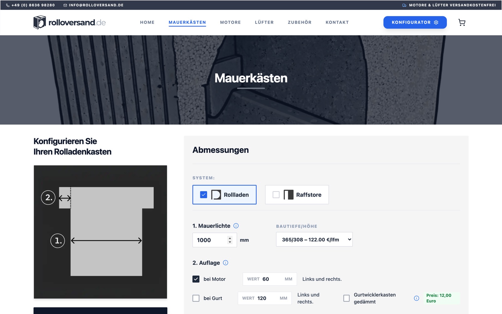 Online-Konfigurator für Mauerkästen mit Maßeingabe und Preisberechnung