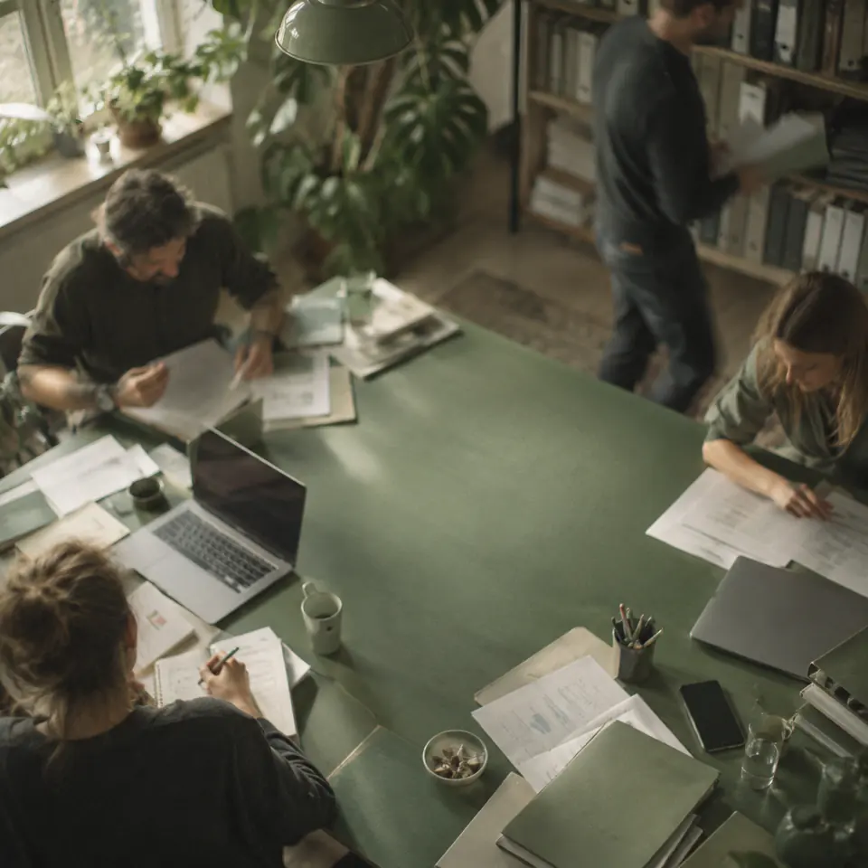 Vier Personen arbeiten an einem großen Tisch mit Unterlagen und Laptops