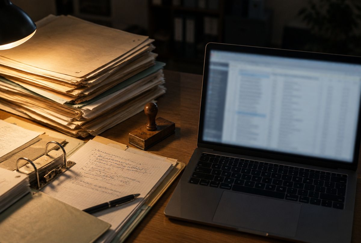 Schreibtisch bei Lampenlicht: links ein hoher Stapel Papierakten mit Stempel und handschriftlichen Notizen, rechts dieselben Angaben als Tabelle auf einem Laptop