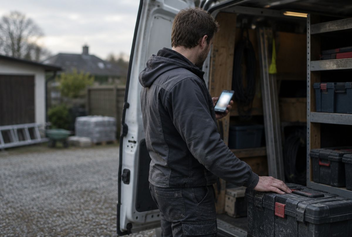 Handwerker am offenen Heck seines Transporters, den Blick auf sein Telefon gerichtet