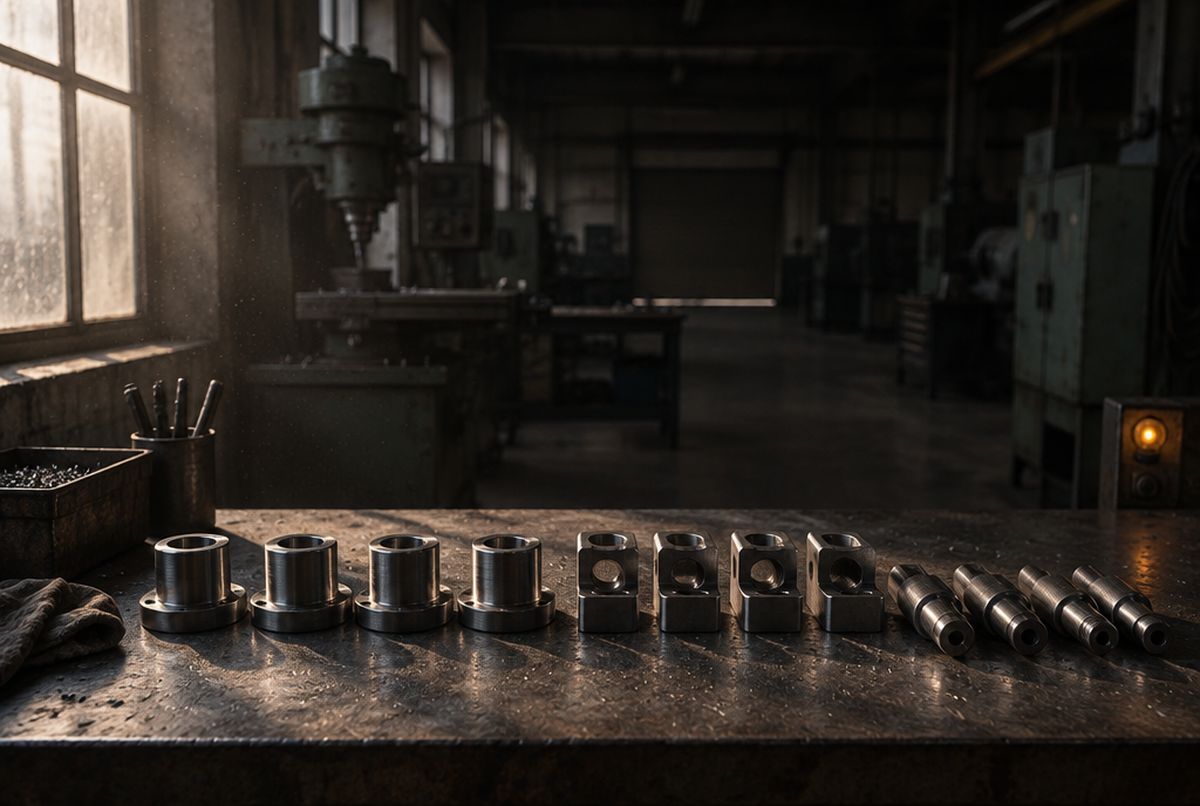 Werkbank mit fertig gedrehten Metallteilen in einer Reihe, dahinter die abgeschaltete Werkhalle